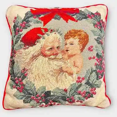 $35 • Buy VINTAGE Needlepoint Santa Christmas Throw Pillow 14” X 14” Red Velvet Back