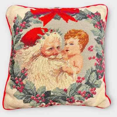 $35 • Buy VINTAGE Needlepoint Santa Christmas Throw Pillow 14” X 14” Red Velvet Back