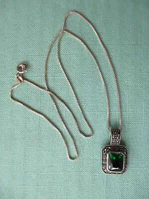 Sterling Silver Pendant With Green Stone Marcasite And 18  Sterling Chain • $12.99