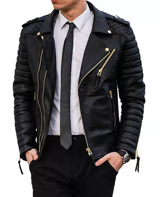 Men's Stylish Genuine Lambskin Motorcycle Bomber Biker Leather Jacket  • $139