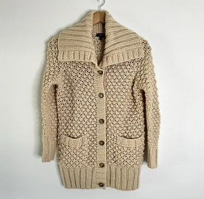 Talbots Size P Beige Cardigan Wool Alpaca Blend Wide Collar Sweater Fisherman • $20.99