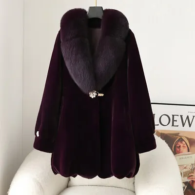 Mink Plush Fur Mom Coat Women's Mid Length Fox Fur Collar Middle Aged Jackets • $292.58