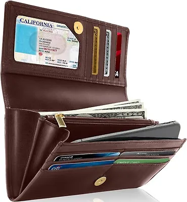 Leather Womens Wallet Ladies Clutch With Removable Checkbook Cover RFID Blocking • $34.99