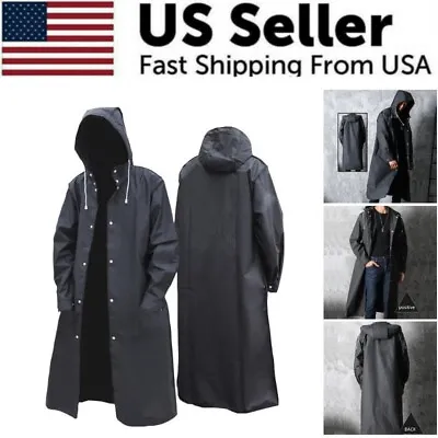 Men Black Waterproof Long Raincoat Rain Coat Hooded Trench Jacket Outdoor • $18.86