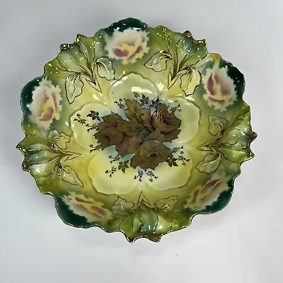 RS Prussia Iris Mold 10.5  Bowl Vibrant Green With Gold & Purple Roses Antique • $169.99
