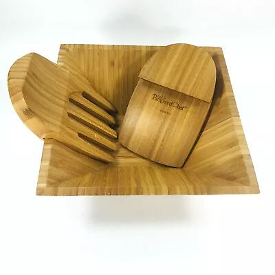 Pampered Chef Bamboo Wood Square Salad Bowl & Claw Servers/Tongs - 3 Piece Set • $29.95