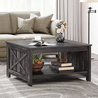 Rustic Square Coffee Table W/ Storage Shelf Farmhouse Cocktail Table Living Room • $82.99