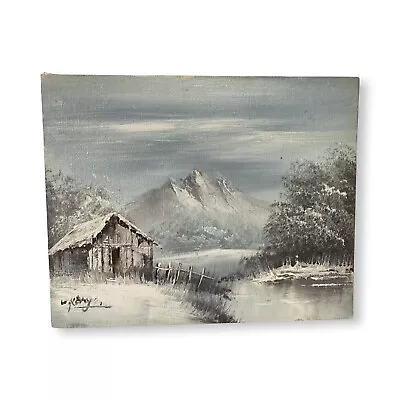 Vintage Snowy Mountain Cabin Landscape Oil Painting Signed 8”x10” Canvas Board • $48.53