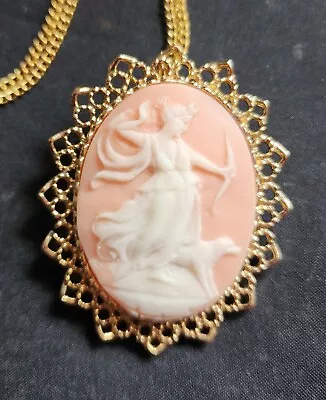 Vintage Greek Goddess Diana Cameo Necklace Pendant Brooch Pin • $23.99