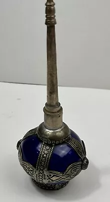 Vintage Moroccan Cobalt Blue Ceramic & Metal Rose Water Sprinkle Perfume Bottle • $24.99