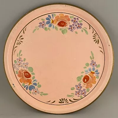 Vintage Metal Hand Painted Tole Tray Pink Floral Round Shabby Cottage Chic • $24.95