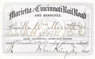 1873 Marietta Cincinnati Parkersburg  Railroad Rr Rwy Ry Railway Pass • $100