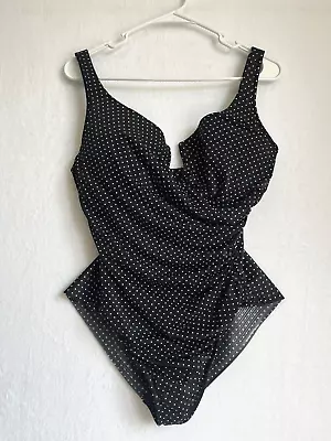 Miraclesuit Womens Size 16 Black One Piece Swimsuit White Polka Dots Ruched • $42.95