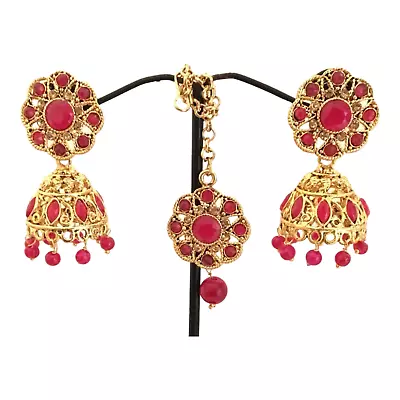 New  Bridal Maang Tikka Earrings Pearl Kundan Bollywood Gold Tone Indian Jewelry • $12.38