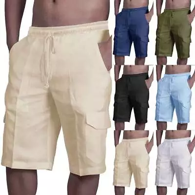 Mens Summer Beach Loose Cotton Linen Shorts Drawstring Elasticated Short Pants • $19.56