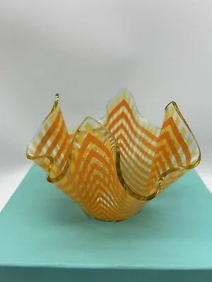 Vintage Glass Handkerchief Bowl Vase Chance Bros Orange Yellow Check Mid Century • £14.95