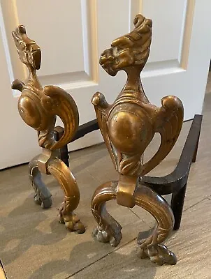 Pair Of Antique 19thC French Brass Repoussé Griffin Sphynx Andirons 13” • $378.89