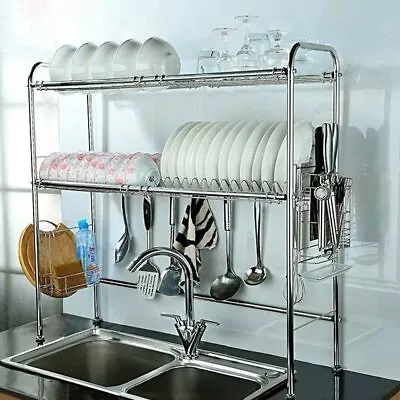 2-Tier Over Sink Dish Drying Rack Stainless Steel Kitchen Storage Shelf Silver • $56.99