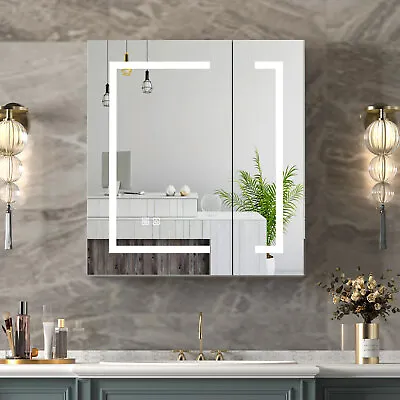 LED Bathroom Mirror Cabinet With Demister Illuminated Storage Cabinet Wall Mount • £99.99