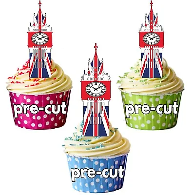 PRECUT Union Jack Big Ben Cupcake Toppers Cake Decorations King Coronation • £3.75