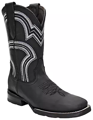 Men Genuine Leather Western Wide Square Toe Black Cowboy Boots • $89