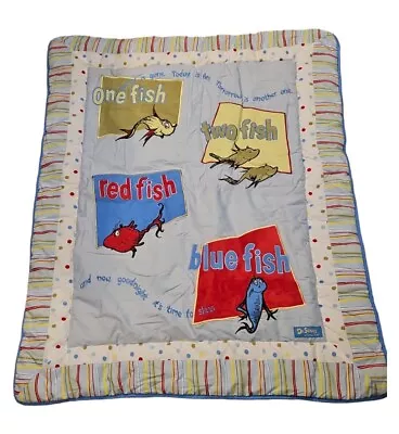 Dr Seuss Crib Set 3 Pc Quilt Baby Sheet Skirt Nursery Bedding One Two Fish Blue • $34.95