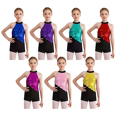 Girls Jumpsuit Children Dancewear Halter Neck Leotard Workout Costume Fitness • £7.99