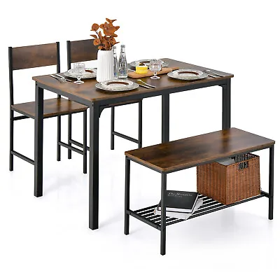 $189.95 • Buy Giantex 4pcs Dining Table Set Rustic Desk 2 Chairs & Bench W/ Storage Rack Brown