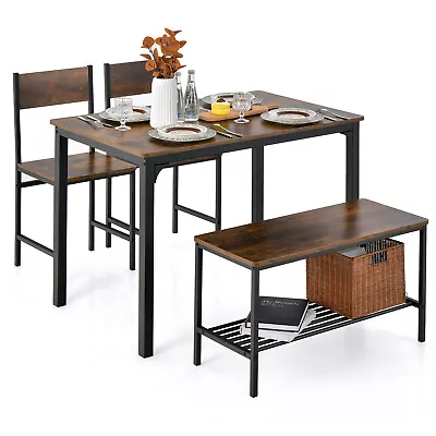 $189.95 • Buy Giantex 4pcs Dining Table Set Rustic Desk 2 Chairs & Bench W/ Storage Rack Brown