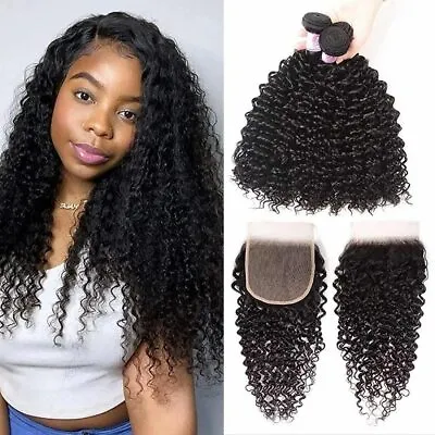 Malaysian Human Hair Kinky Curly Weave 3 Bundles With 4x4 Lace Closure Frontal  • $23.74