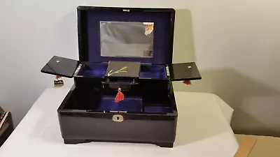 Vintage  Japan Black Lacquer Wood Musical Jewelry Box Felt Lined • $20