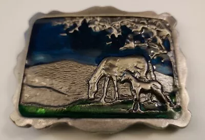 Vintage Western Style Belt Buckle Enamel With Grazing Horse And Foal - 2041 Blue • $9