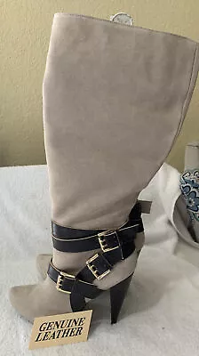 Colin Stuart Beige /Brown  Belt Accent Knee High Suede Leather Heel Boots Sz 9 • $75