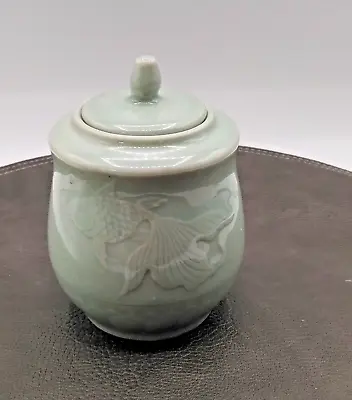 Vtg Japanese Celadon Goldfish Motif Sugar Bowl With Lid Is Marked 4.75  With Lid • $7.97