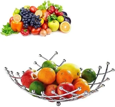 Large Chrome Metal Wire Lattice Fruit Basket Fruit Holder Kitchen Dining Table • £7.99