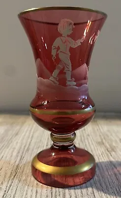 Mary Gregory Cranberry Glass Vase Boy Chasing Bird Gold Trim • $39.99