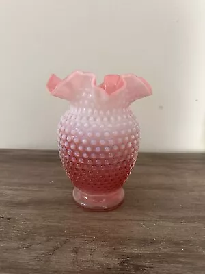 Vintage Fenton Cranberry Pink Opalescent Hobnail  Glass Vase Ruffled Edges 6”T • $30
