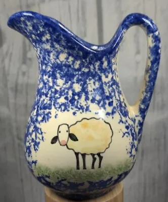 Molly Dallas Blue Spatterware USA Cat Pitcher 5.5” Folk Art Pottery Signed • $13