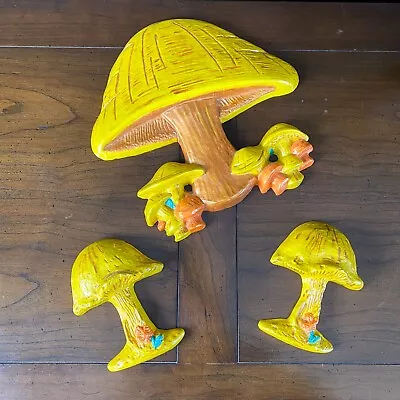 Vtg YELLOW MUSHROOMS 3-pc Set Wall-Hanging Plaque Ceramic Art 70s  Kitchen Decor • $78