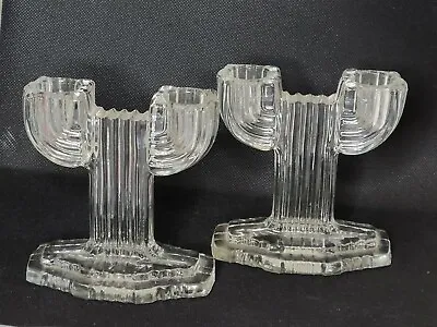 2 Antique Art Deco Glass Double Cactus Candelabra Candlestick Holder 4.5in • $16.99