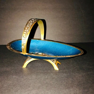 $24.95 • Buy Brass And  Blue Enamel Dish, Footed W/handle, Israel Hakuli, Vtg 1950's