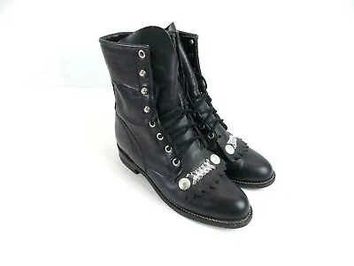 Justin 0506 Black Leather Kiltie Lace Up Boots Hipster Steampunk Hobo Size 5.5 B • $49.69