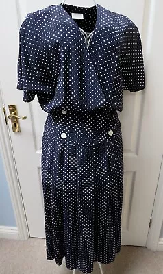 80s Vintage Dress 12 Silky Polka Dot Blouson Double Breasted Spot UK Made Sailor • £24.99