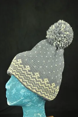 Vintage Wigwam Blue & Cream Cotton Ski Hat With Pompom One Size Made In USA • $12.95