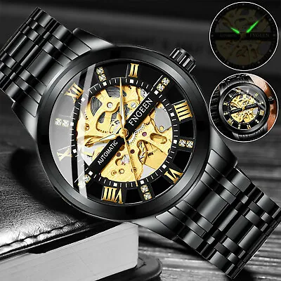 FNGEEN Men's Automatic Mechanical Stainless Steel Retro Luxury Hollow Dial Watch • $21.98