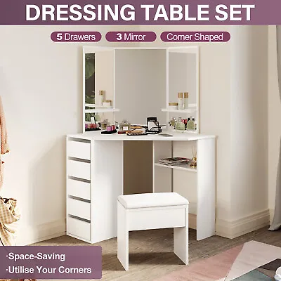 $148 • Buy White Dressing Table Stool Vanity Set Mirror Jewellery Cabinet Makeup 5 Drawers