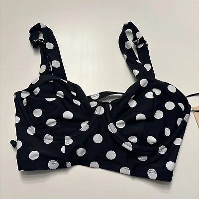 Unique Vintage Swim Bikini Top Xs Black And White Polka Dot. Lace Up Back • £14.46