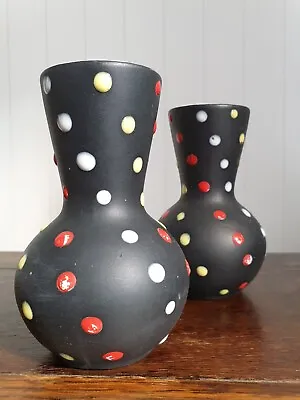 Pair Identical Mid Century Butossi Fat Lava Era Black Dotted Vases 13cm Each • £10