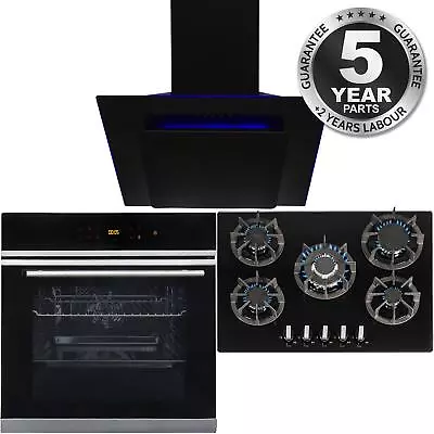 Black 10 Function Single Fan Oven 5 Burner 70cm Gas Hob & Angled Cooker Hood • £665.99