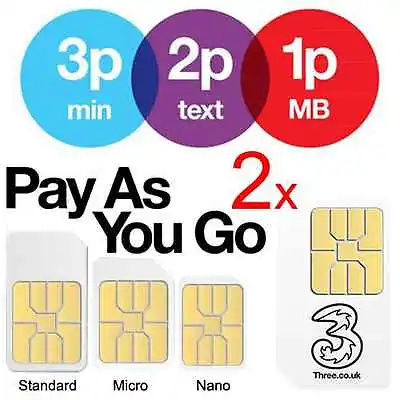 £1.94 • Buy 2x Three Pay As You Go PAYG SIM Card Micro Nano Adapter For IPhone IPad Samsung
